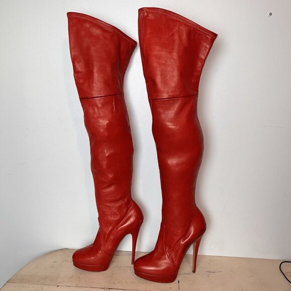 Casadei Red 100% Leather Over The Knee Boots - Picture 13 of 14